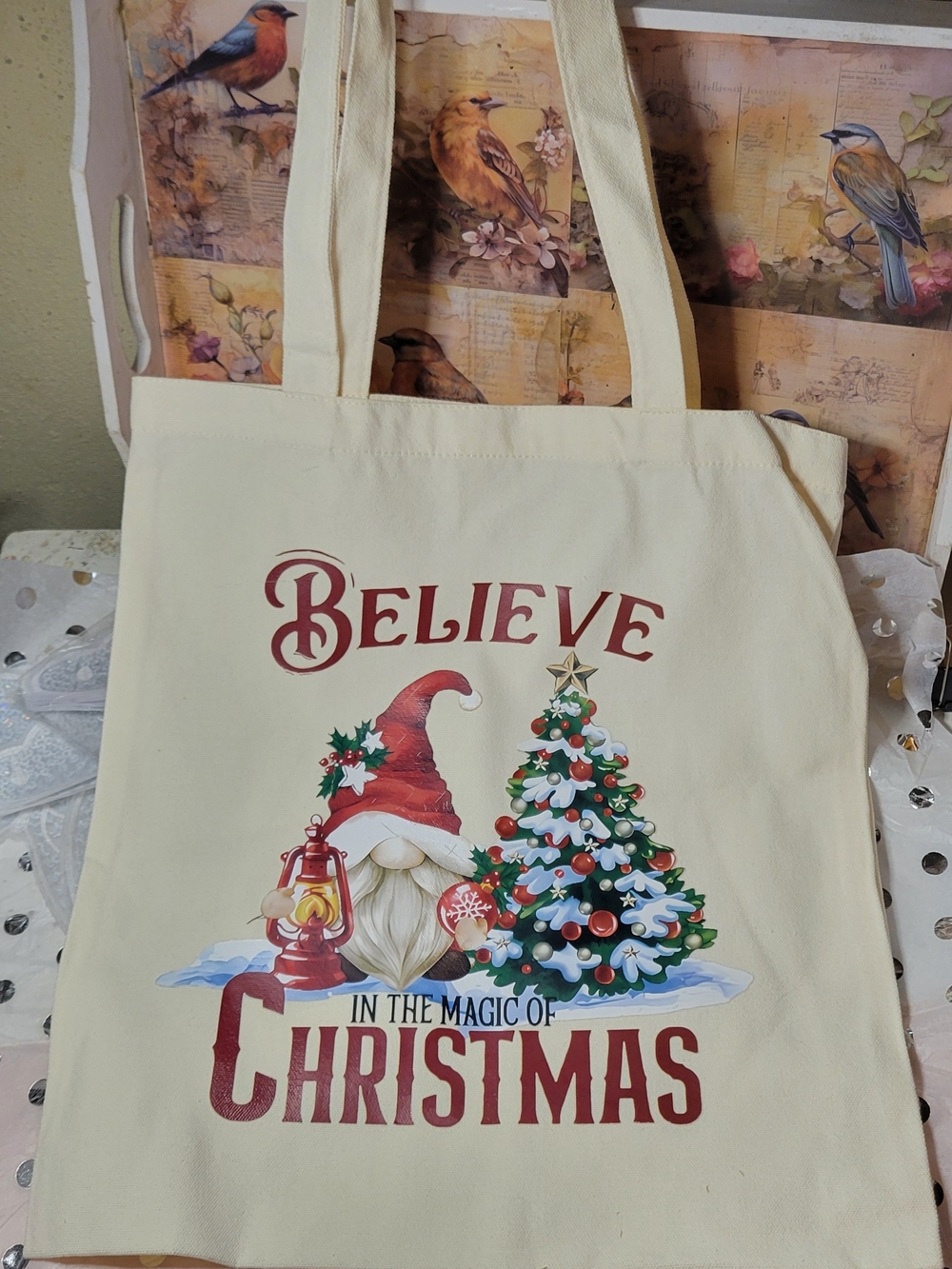 Holiday Believe Tote Bag - Cream with Red & Green Print